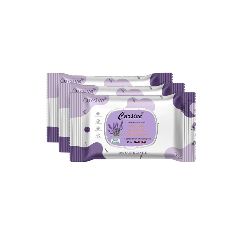 CURSIVE Set Of 3 Refreshing French Lavender 3-In-1 Body & Face Wet Wipes – 25 Pulls Each