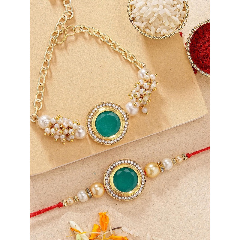 KARATCART Set of 2 Gold-plated Polki Kundan Bhai Bhabhi Rakhi Set