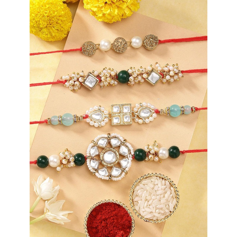 KARATCART Set of 4 Gold-Plated Kundan-Studded Rakhi With Roli Chawal