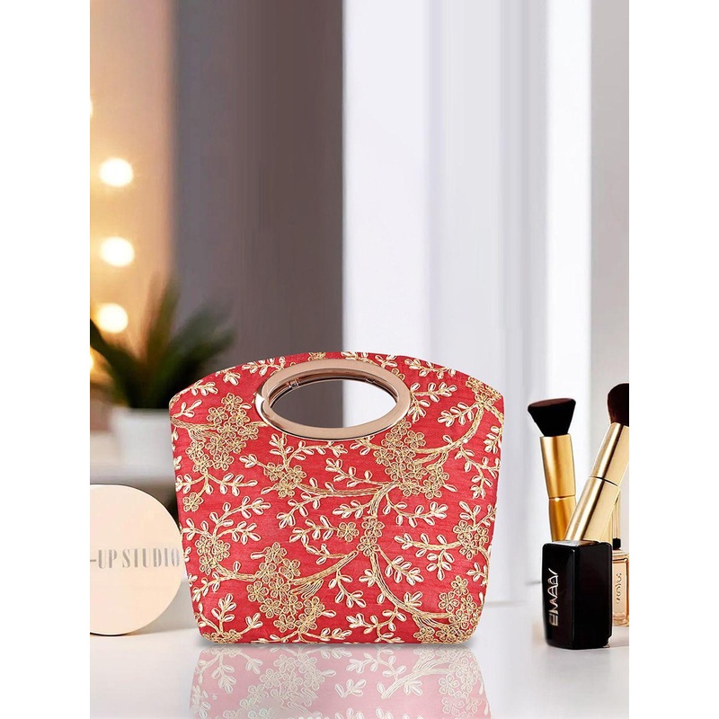 Kuber Industries Maroon Polyester Floral Embroidered Hand Purse Clutch