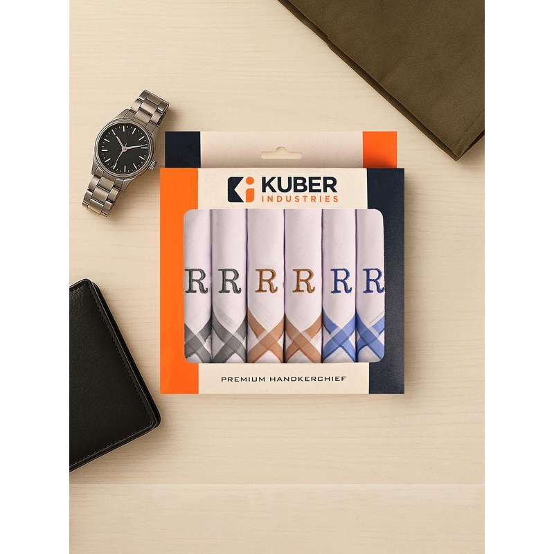 Kuber Industries Set Of 6 Monogram Letter Embroidery Border White  Cotton Handkerchief