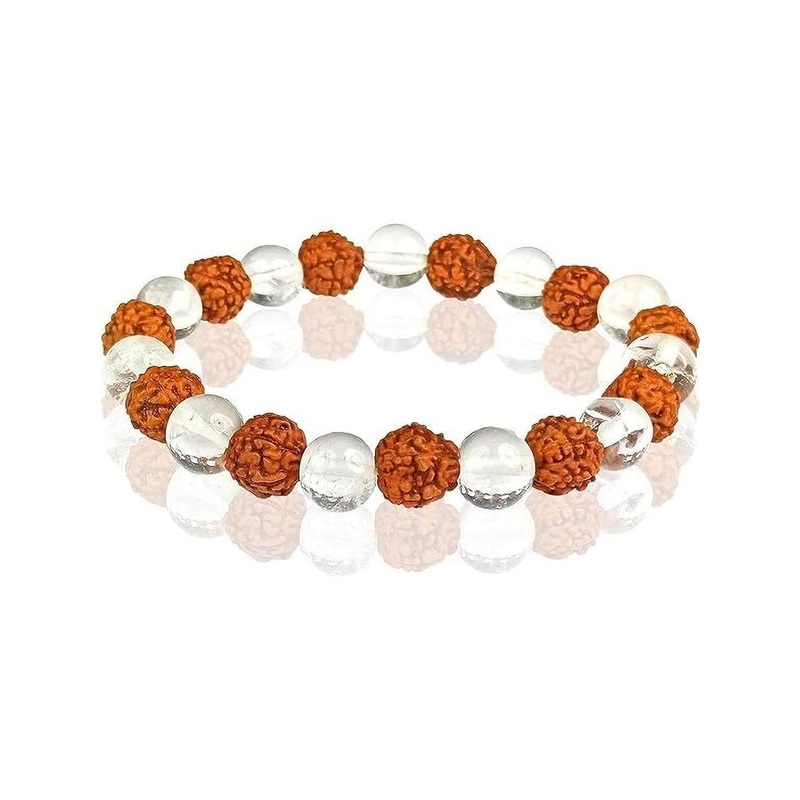 VIBESLE Rudraksh And Crystals Beaded Elasticated Bracelet