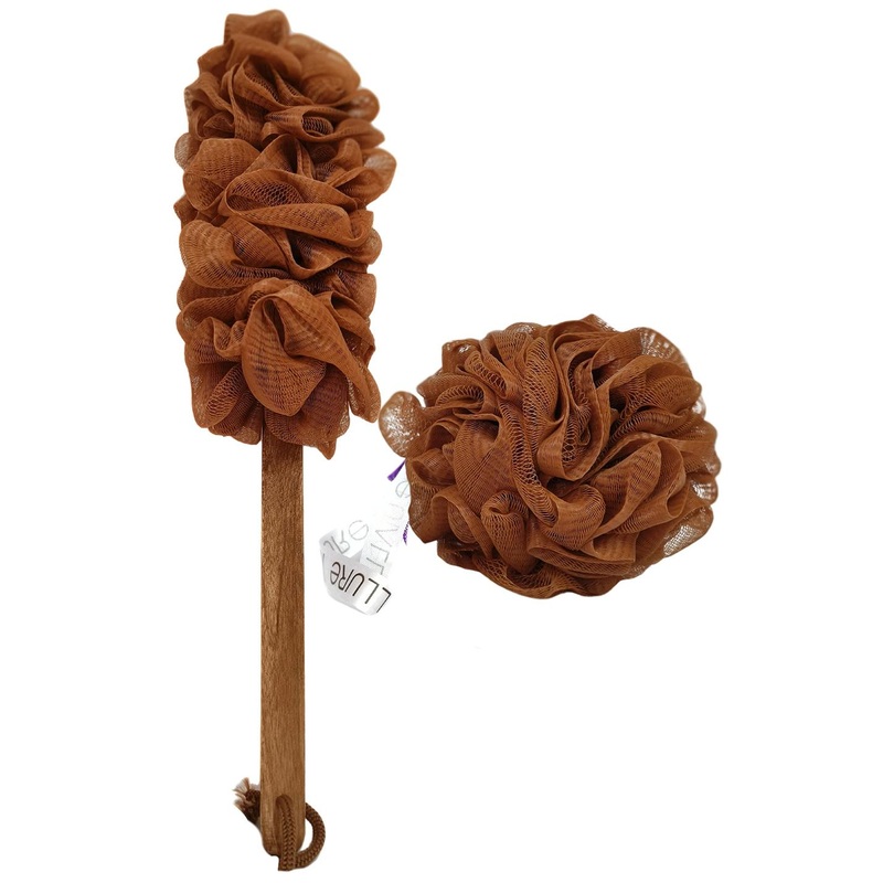 Allure Pack of 2 Assorted Colored Wooden Bath Brush & Loofah