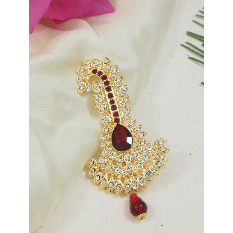 I Jewels Men Maroon & Gold-Toned Gold Plated Stone Studded Maharaja Dulha Pagdi Kalangi