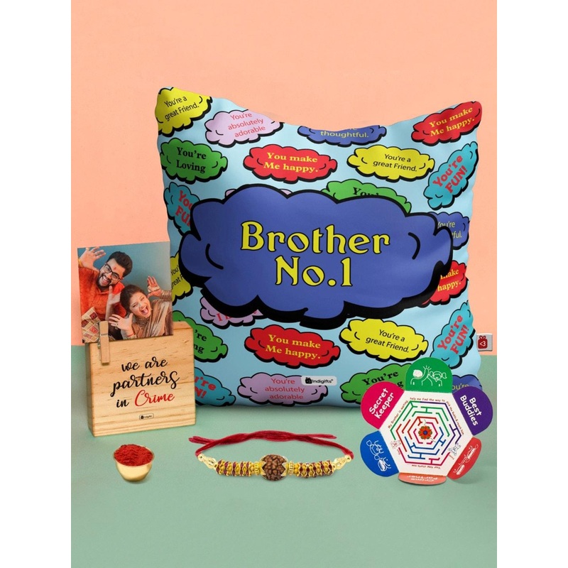 Indigifts Brother No.1 Printed Cushion Photo Stand & Rakhi Gift Set