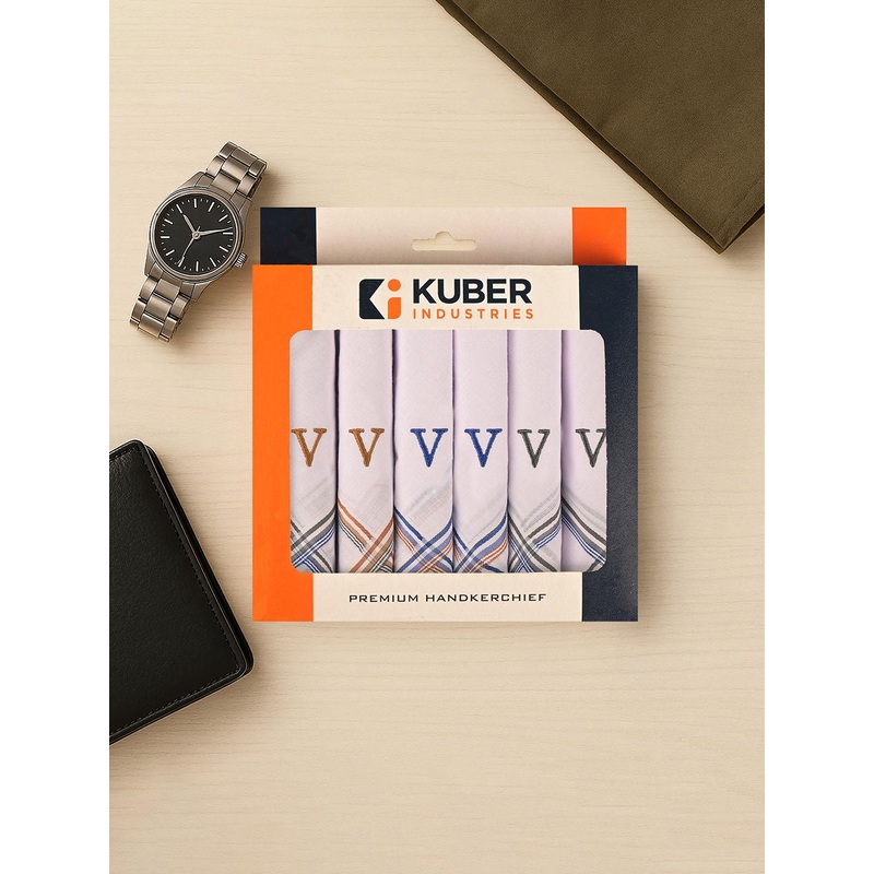 Kuber Industries 6-Pcs Monogram Letter V Embroidered Border Pure Cotton Handkerchief