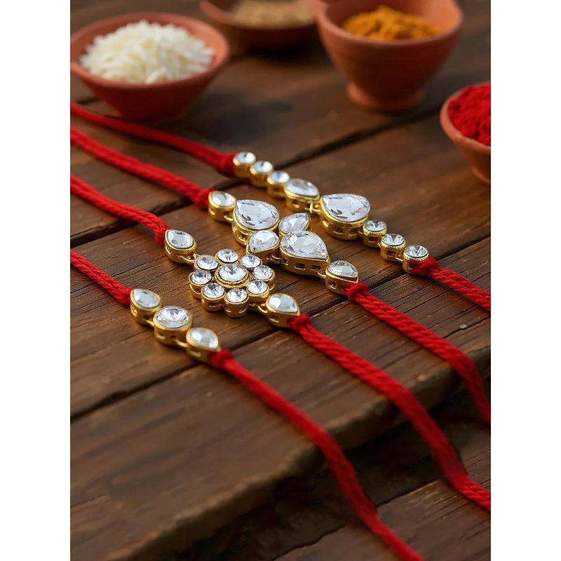 LUCKY JEWELLERY Set Of 4 Stone-Studded & Beaded Rakhi With Greeting Card Gift Set