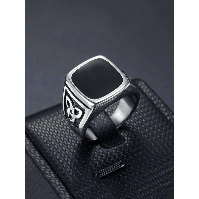 Yellow Chimes Men Stone Studded Stainless Steel Square Finger Ring
