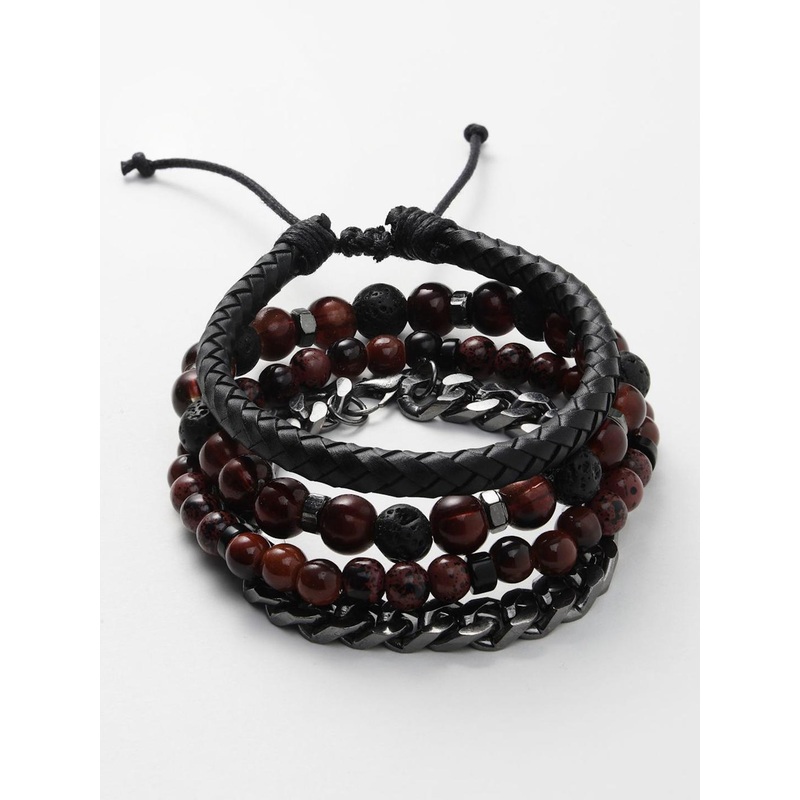 AQUATAN Men 4 Chain Leather Glass & Lava stone Beaded Elasticated Bracelets
