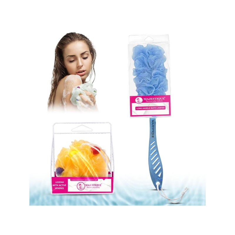MAJESTIQUE Set of 2 Body Loofah – Ball Round Loofah & Handle Loofah for Gentle Exfoliation