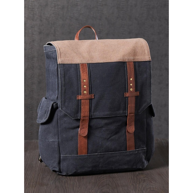 Mona B Unisex Navy Blue & Brown Colourblocked Cotton Canvas Backpack