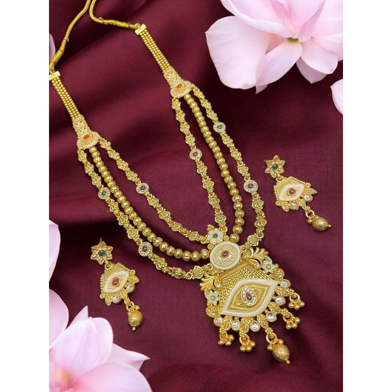 AADESH Unisex Gold-Plated Stone-Studded & Beaded Jewellery Set