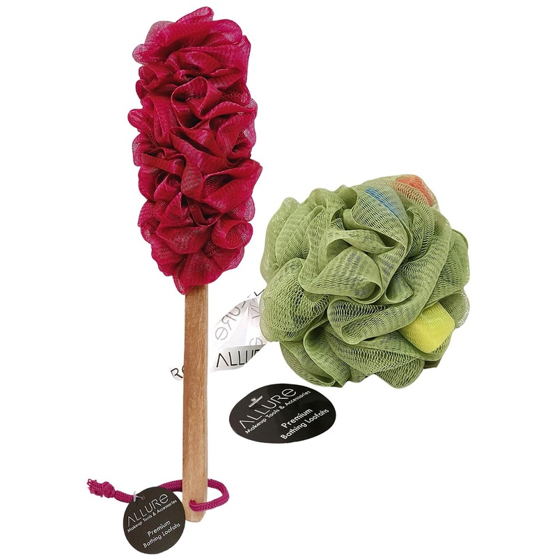 Allure Pack of 2 Assorted Colored wooden Bath Brush & Loofah sponge