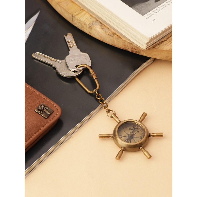 EXIM DECOR Rust Brown Antique Ship Wheel Brass Compass Key Chain