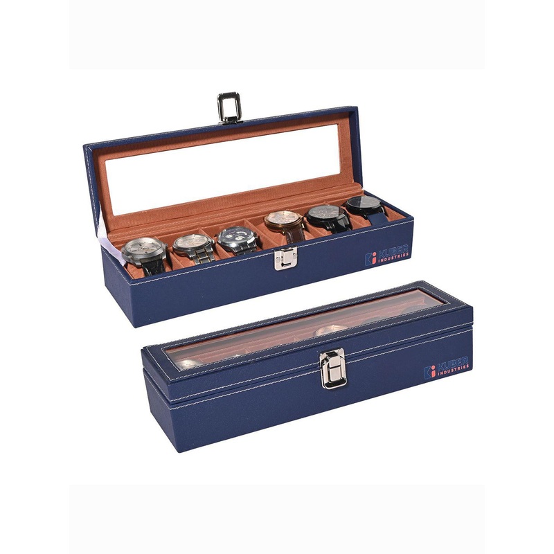 Kuber Industries Navy Blue 2Pc Premium Faux Leather 6 Slot Leather Watch Organiser Box