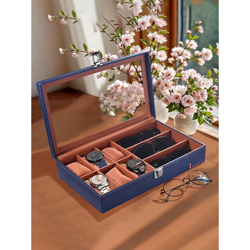 Kuber Industries Navy Blue 6 & 3 Slot Wrist Watch Organiser Box