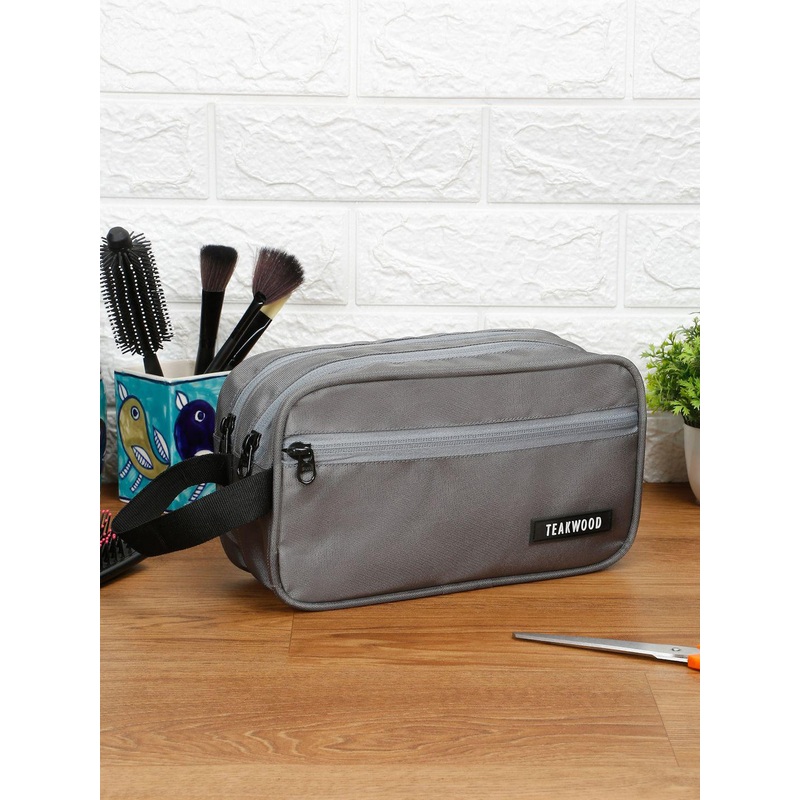 Teakwood Leathers Grey Compact Dual-Zip Travel Toiletry Kit