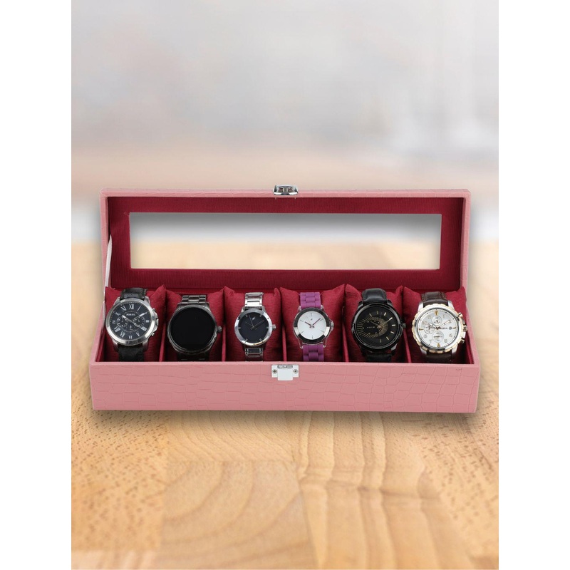 ZENWOOD Pink And Maroon 6 Slots Watch Organiser Box