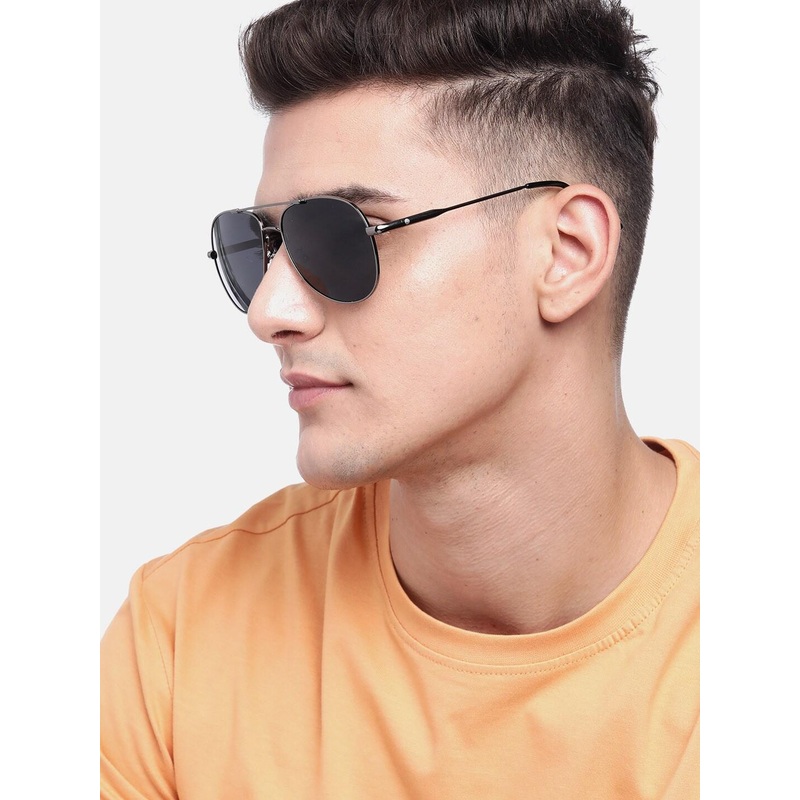 Carlton London Unisex Black Lens & Gunmetal-Toned Aviator Sunglasses with UV Protected Lens