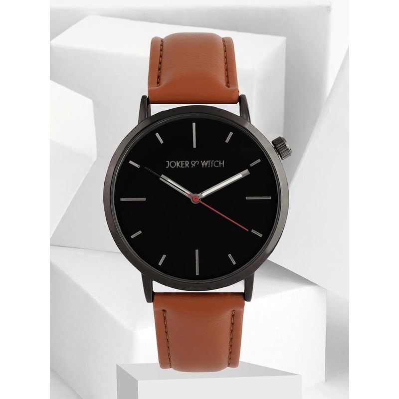 JOKER & WITCH Men Black Dial & Black Leather Bracelet Style Straps Analogue Watch