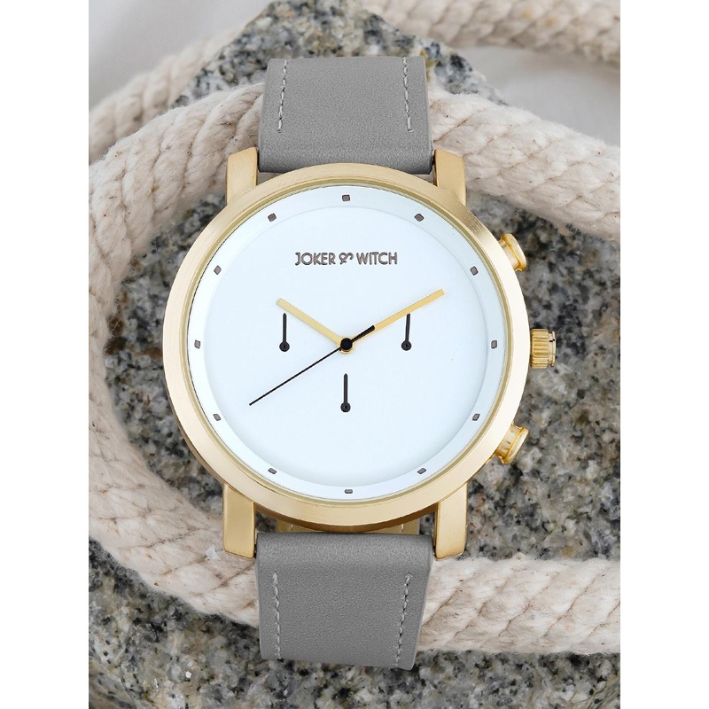 JOKER & WITCH Men White Embellished Dial & Grey Leather Bracelet Style Straps Analogue Watch