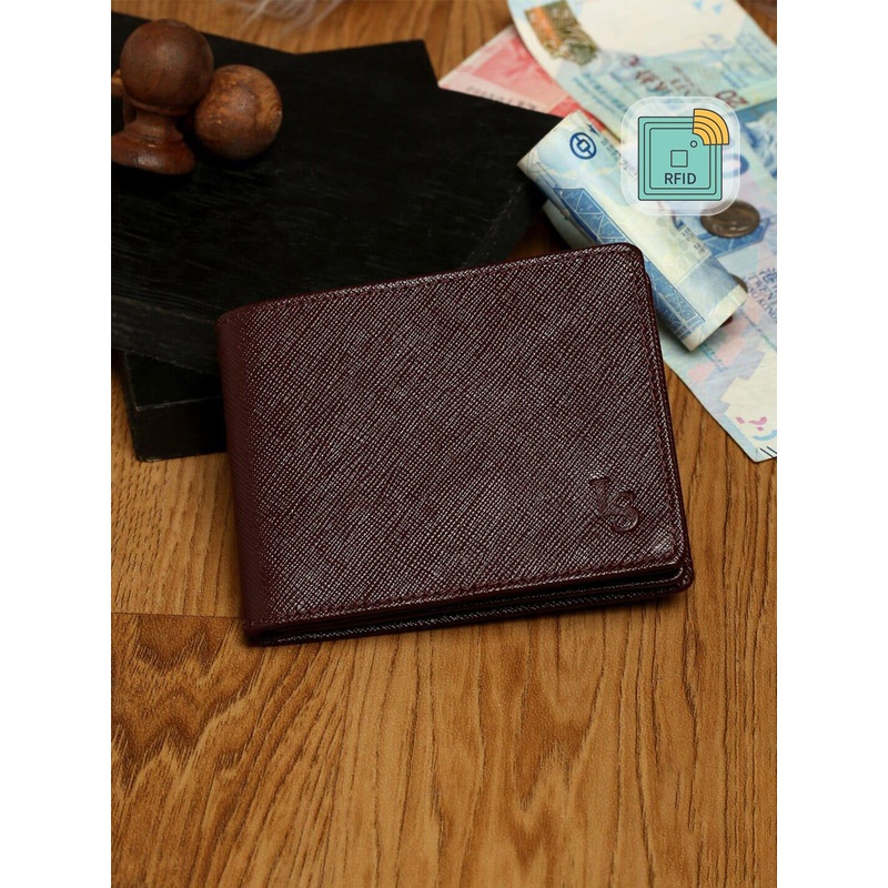 LOUIS STITCH Men Saffiano Leather Maroon Bifold Slim Wallet with RFID Protection