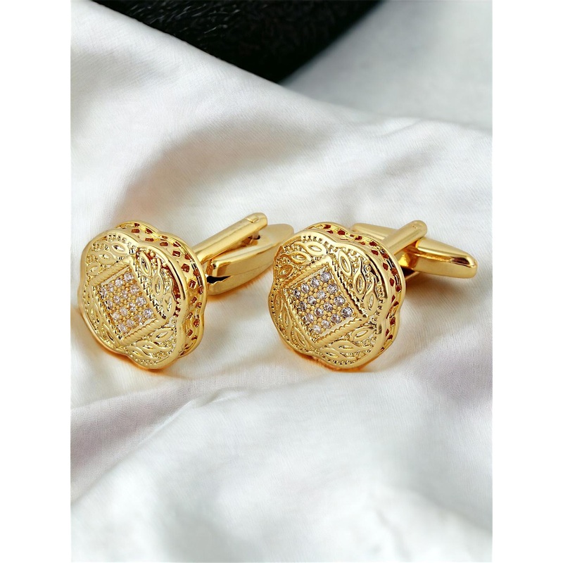LUCKY JEWELLERY Gold Plated AD Stone Studded Textured Geometric Blazer Cufflinks