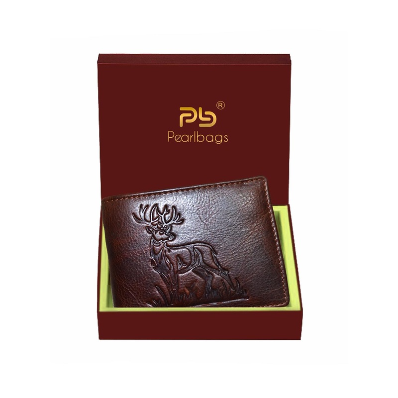 PB Pearlbags Men Genuine Leather Bi- Fold 4 Card Slots Deer Engraved Wallet
