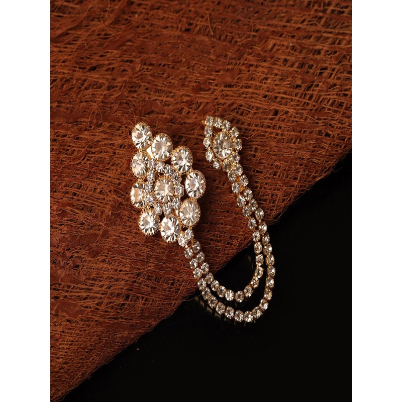 Sanjog Gold-Toned White Stone-Studded American Diamond Statement Chain Small Brooch Lapel Pin