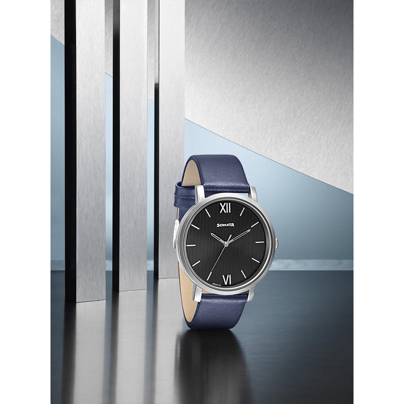 Sonata Men Black Dial & Blue Leather Straps Analogue Watch 7142SL06