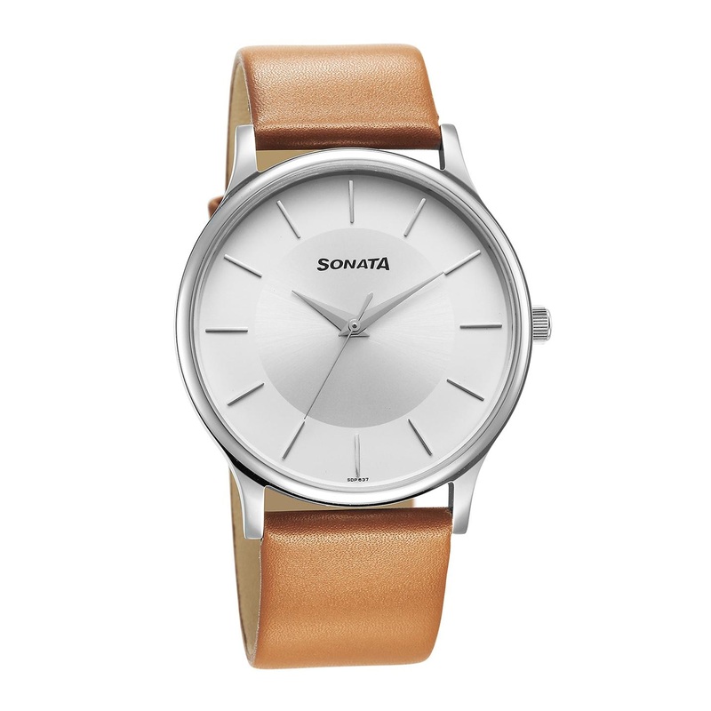 Sonata Men Brass Dial & Leather Straps Analogue Watch 77105SL16W