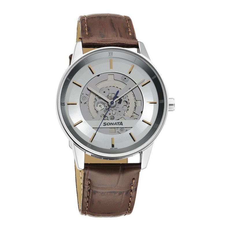 Sonata Men Embellished Dial & Leather Straps Analogue Watch 7133SL04