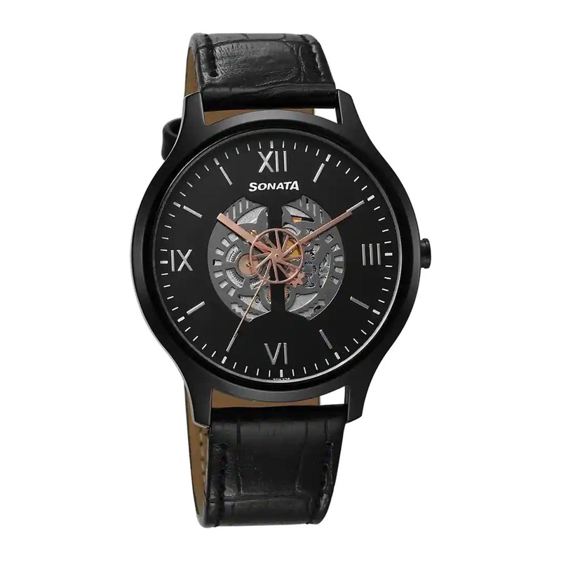 Sonata Unveil 2.0 Men Black Skeleton Dial & Leather Straps Analogue Watch 7140NL05