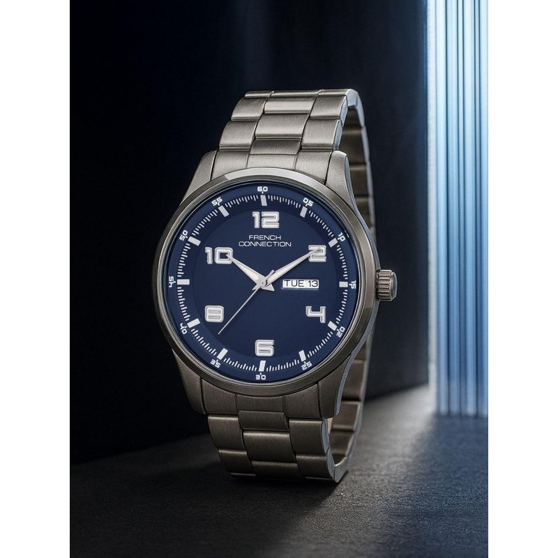 French Connection Men Blue Sunray Round Dial Analogue Stainless Steel Watch