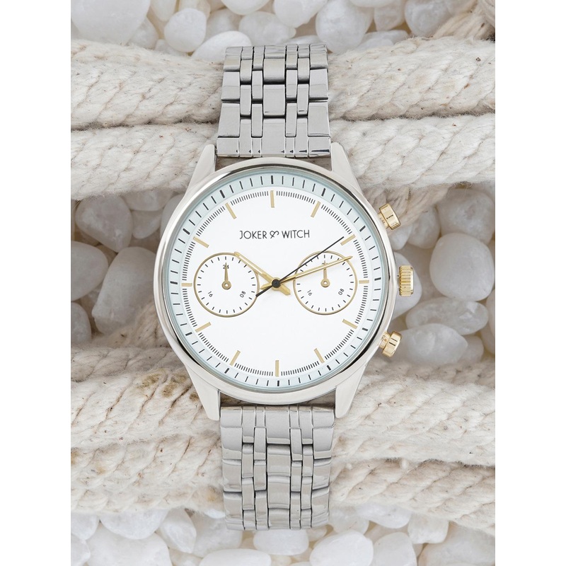 JOKER & WITCH Men White Patterned Dial & Steel Toned Stainless Steel Bracelet Style Straps Analogue Watch