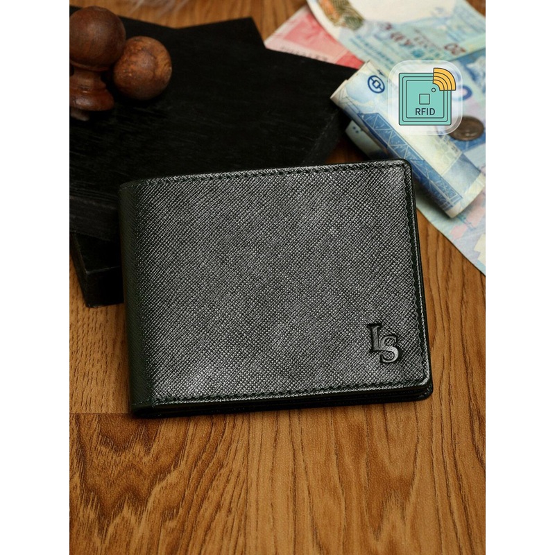 LOUIS STITCH Men Saffiano Leather Green Bifold Slim Wallet with RFID Protection