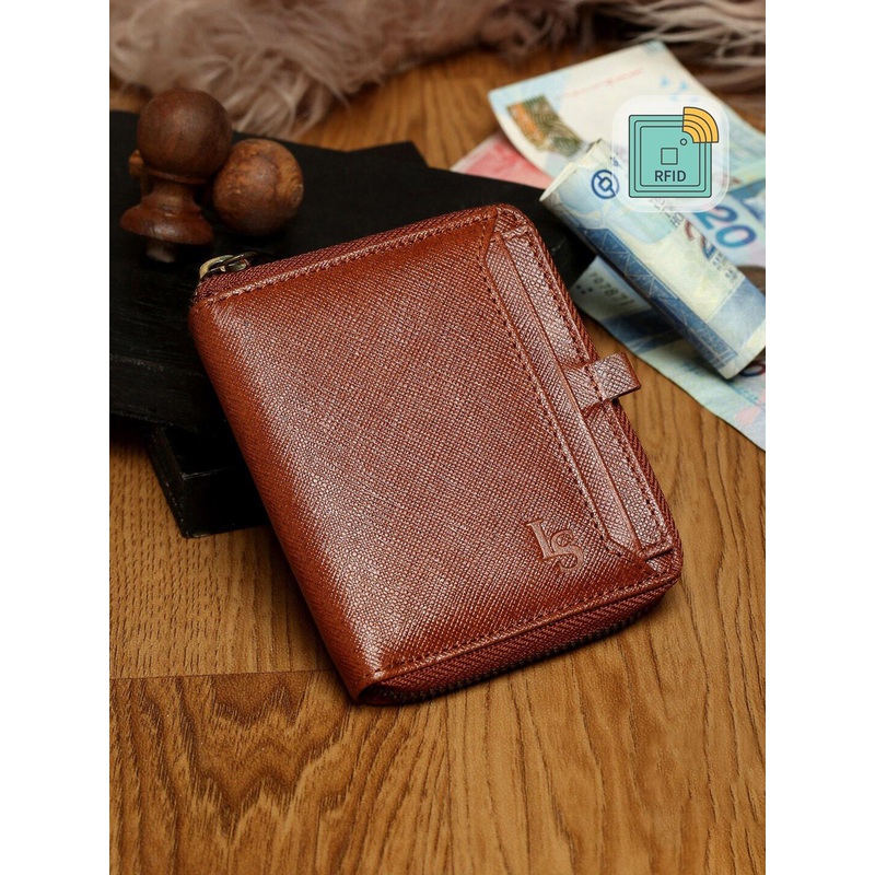 LOUIS STITCH Men Tan Saffiano Leather Two fold Zipper Wallet Purse