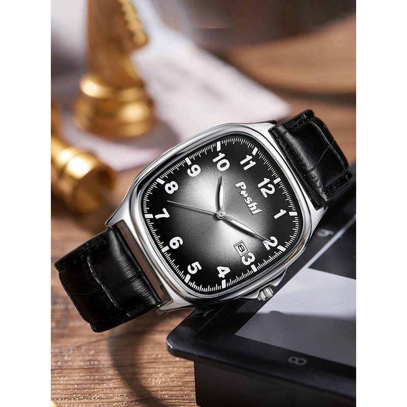 Poshi Men Square Dial Genuine Leather Strap Watch with Adjustable Clasp