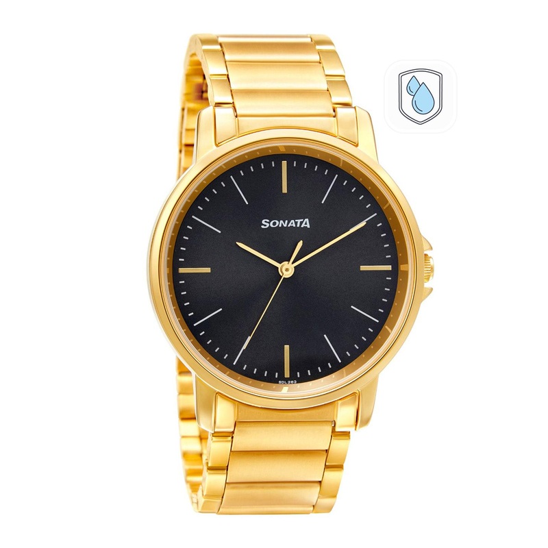 Sonata Men Black & Gold-Toned Analogue Watch 77083YM04W