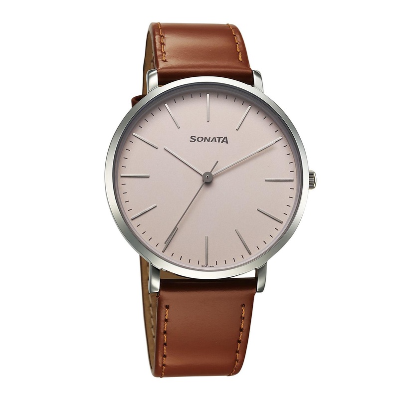 Sonata Men Brass Dial & Leather Straps Watch 77150SL03