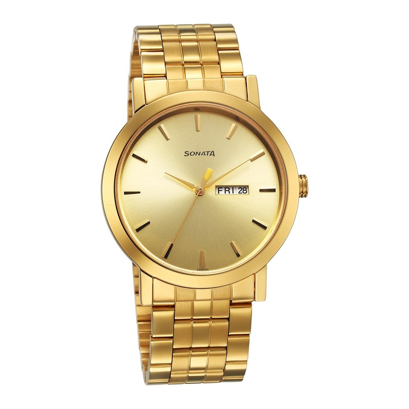 Sonata Men Brass Dial & Stainless Steel Bracelet Style Straps Analogue Watch 77108YM07