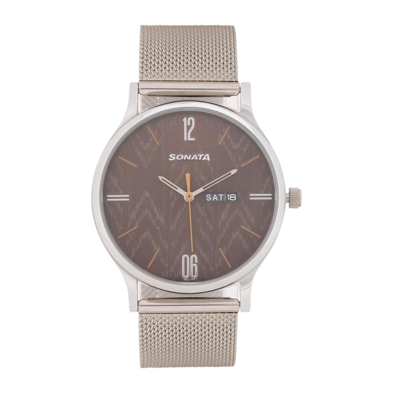 Sonata Men Printed Dial & Stainless Steel Bracelet Style Straps Analogue Watch 77105SM05