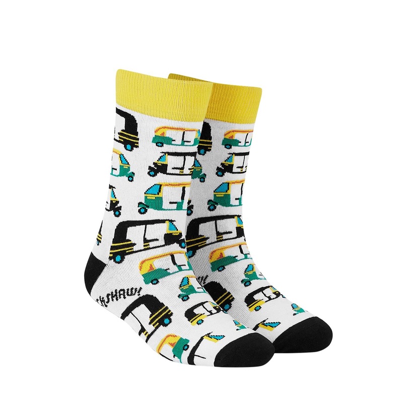 Dynamocks Unisex White & Black Patterned Rickshaw Calf-Length Socks