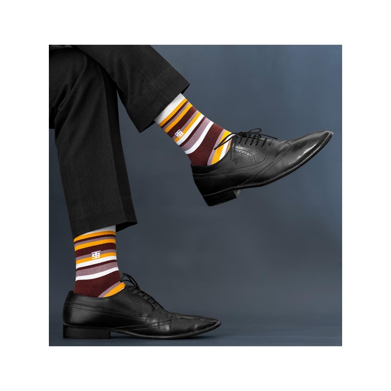 SockSoho Men Brown & Yellow Striped  Calf-Length Socks