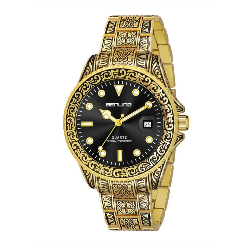 BENLING Men Dial & Stainless Steel Wrap Around Straps Analogue Watch BL-1019-ANTQ-BLK-GLD