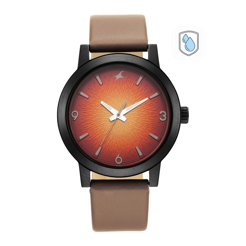 Fastrack Men Orange Brass Dial & Brown Leather Straps Analogue Watch