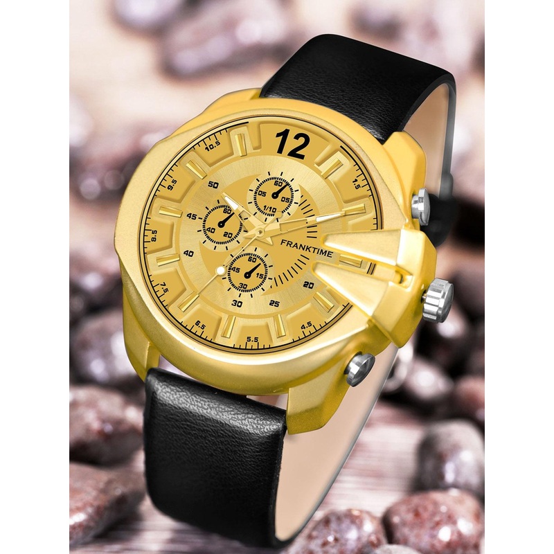 Franktime Men Brass Dial & Leather Straps Analogue Watch FT-00018 G