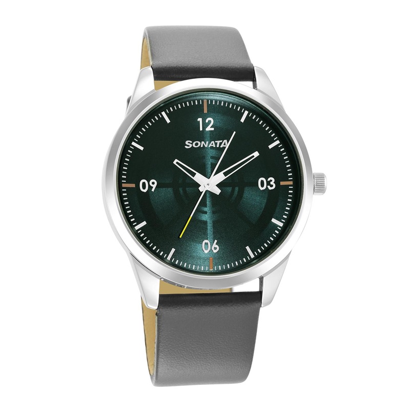 Sonata Men Blue Brass Dial & Grey Leather Straps Analogue Watch 7146SL03