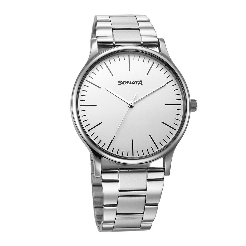 Sonata Men Brass Dial & Bracelet Style Straps Analogue Watch 77105SM17W