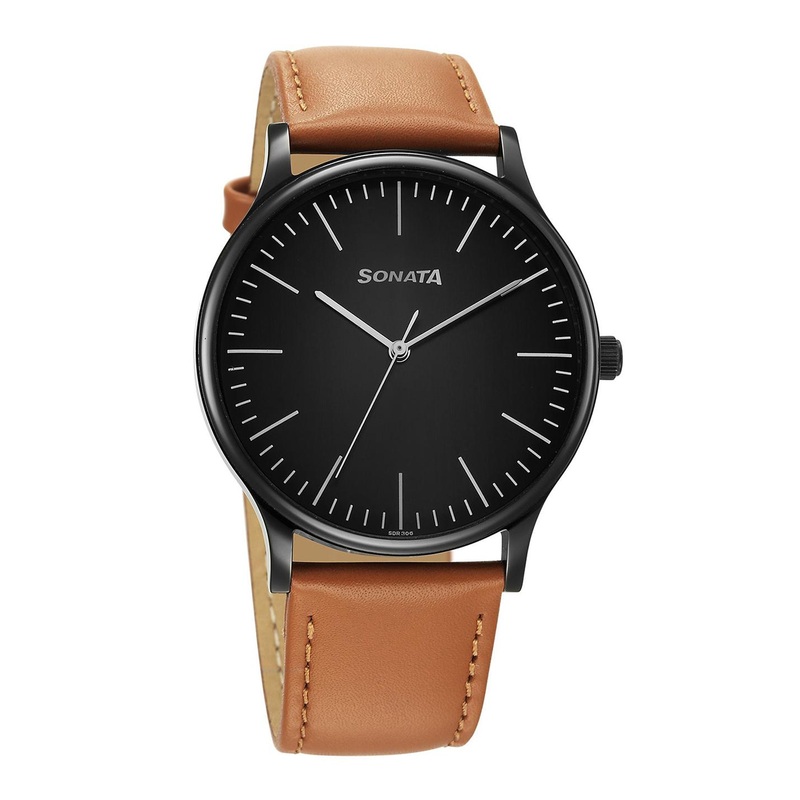 Sonata Men Brass Dial & Leather Straps Analogue Watch 77105NL15W
